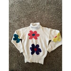 Vintage‎ EIR Women's White Floral Sweater Size 12 Bright Colors Mock Neck
